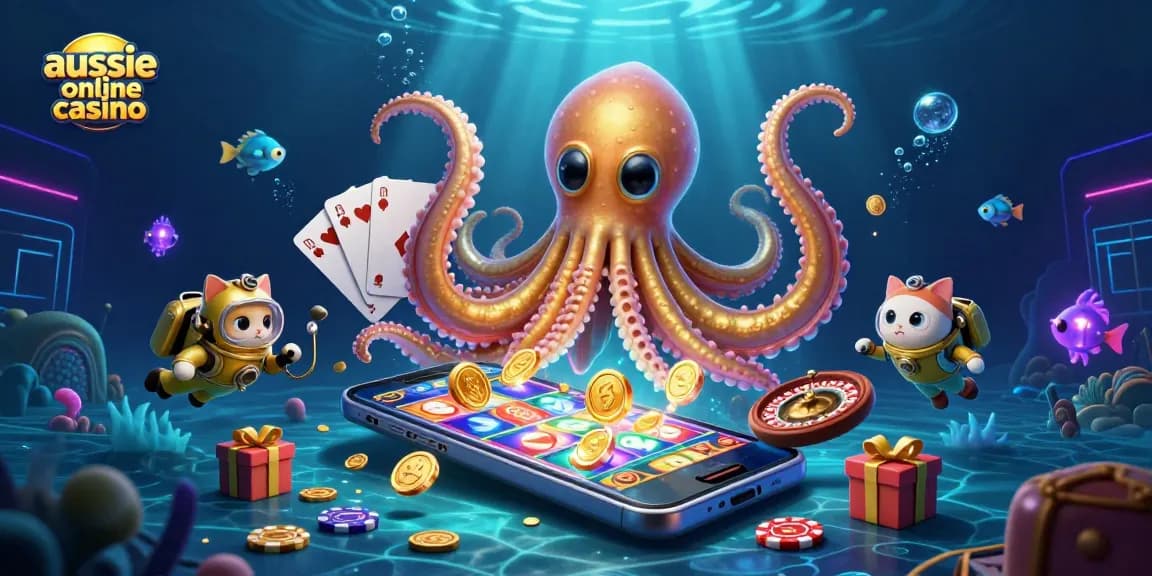 Aussie online casino illustration featuring a kraken and a diving cat with casino elements, showcasing underwater adventure.