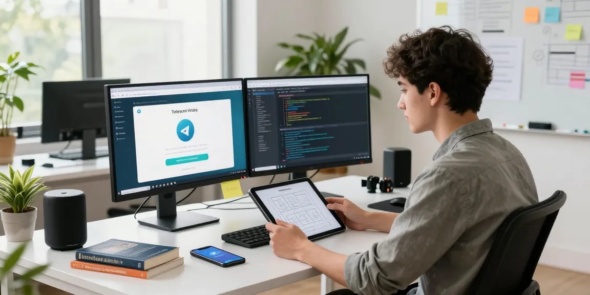 Engaged developer using Telegram Web Version at a modern workspace, dual monitors display coding interface.