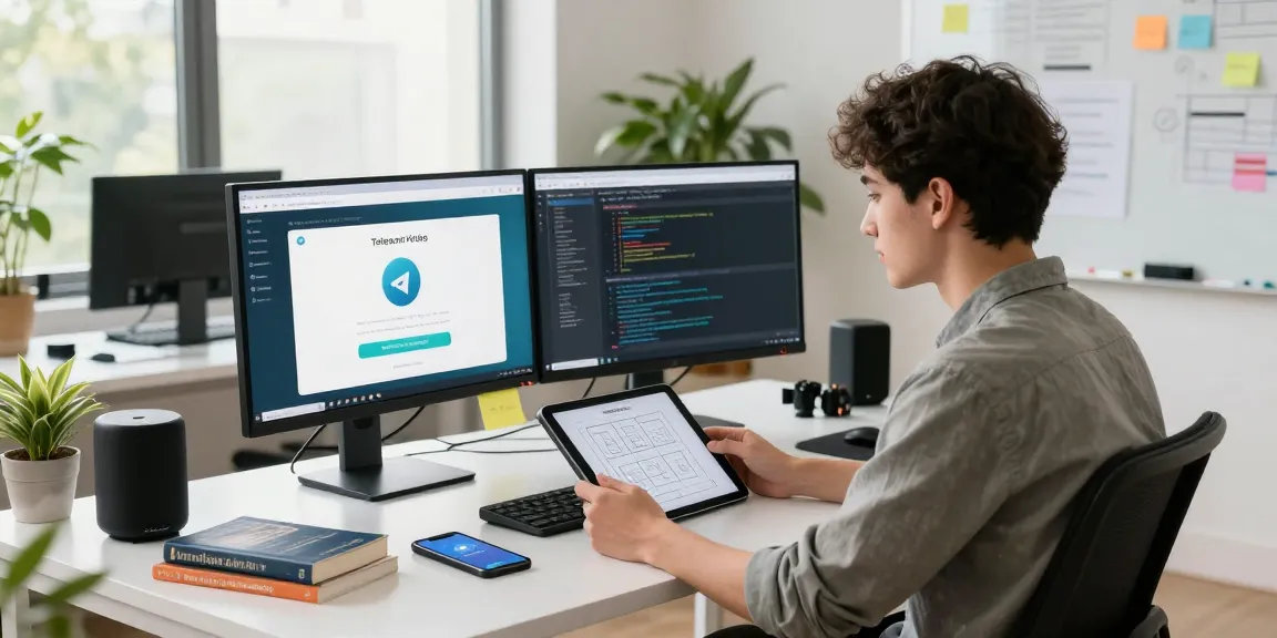 Engaged developer using Telegram Web Version at a modern workspace, dual monitors display coding interface.