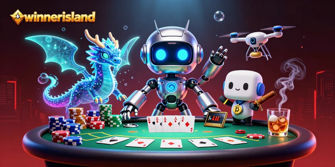 Play at winnerisland with a futuristic atmosphere featuring a robot, dragon, and poker elements.
