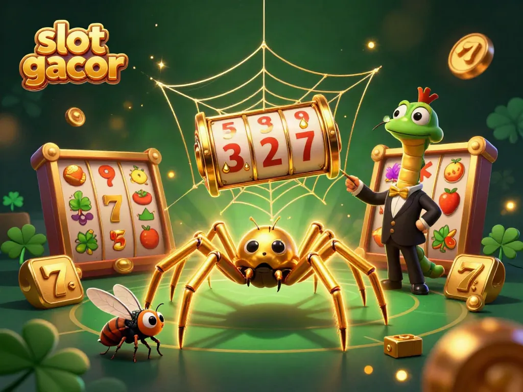Experience the thrill of slot gacor with a dynamic scene featuring a golden spider, fly, and centipede in action.