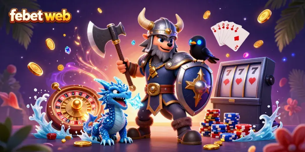 Experience thrilling action at febet web with a Viking warrior and dragon in a rich casino setting.
