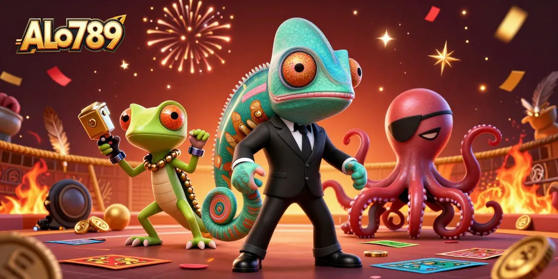 Engage in thrilling cockfighting action with ALo789 as a colorful chameleon changes in style while surrounded by vibrant elements.