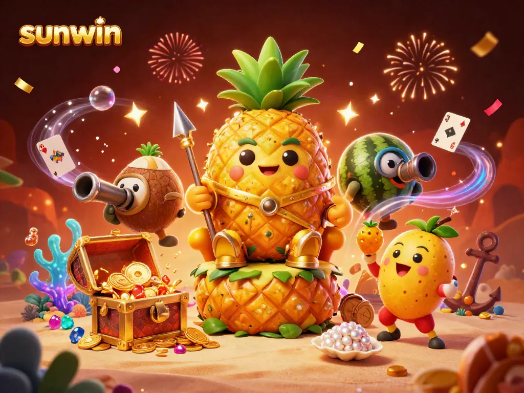 Experience thrilling gameplay with sunwin's vibrant 3D casino scene featuring golden characters and festive elements.