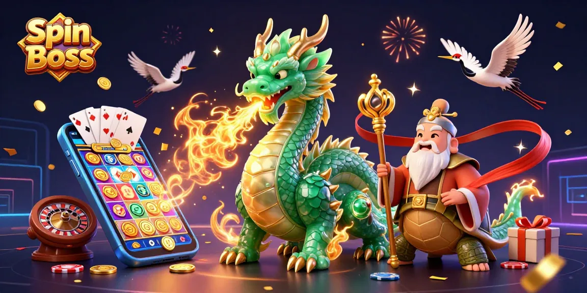 Spin Boss enhances your gaming experience as the jade dragon breathes fire amidst colorful slot games.