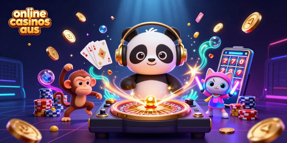 Engaging scene depicting characters enjoying online casinos aus with vibrant casino elements and energy.