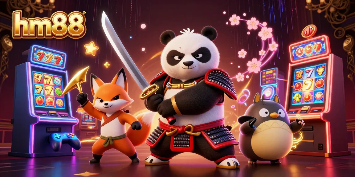 Engage with hm88's immersive gaming experience featuring samurai panda and ninja fox with energetic casino elements.