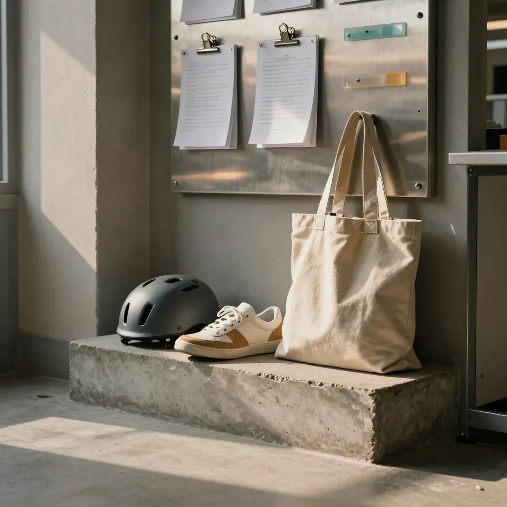 Vacaturehoek met helm, sneakers en canvas tas in een stadse werkhal.