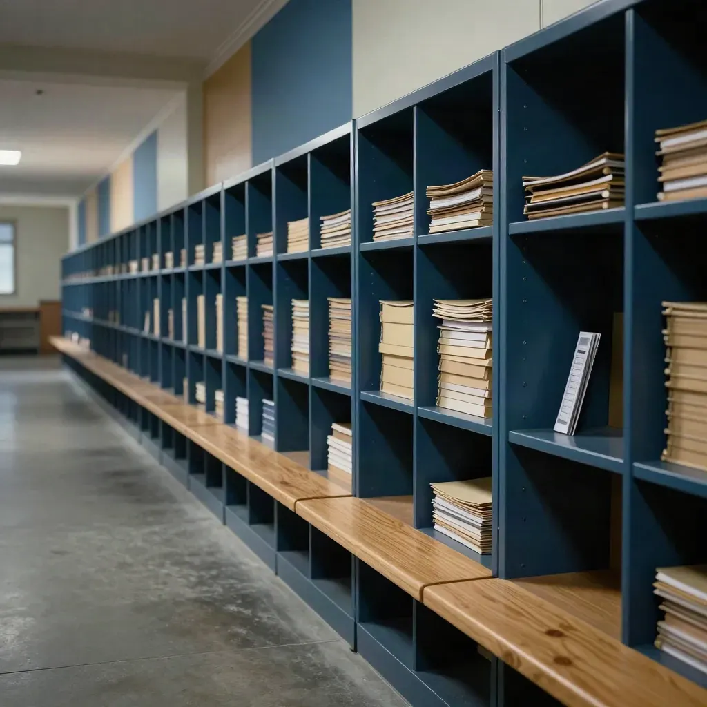 Lange schoolgang met blauwe cubbies, mappen en bankjes in dramatisch licht