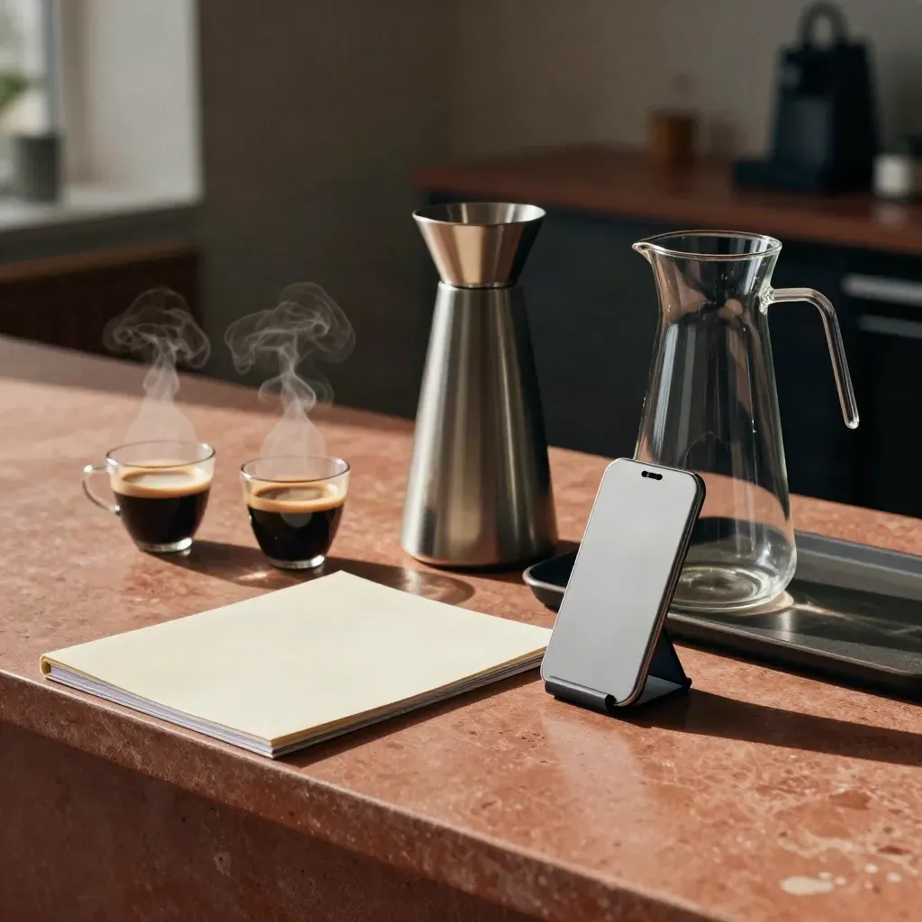Werkgeverscontact-set met koffie, waterkan, map en telefoonstandaard op een warme balie.