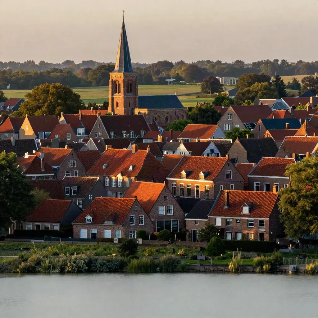 Noord-Brabant met baksteensteden, kerktoren, heide en gouden avondlicht.
