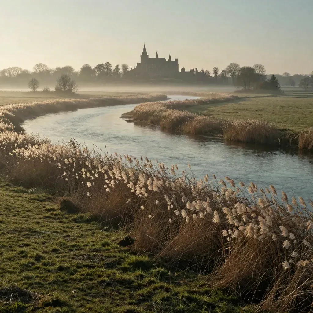 Gelderse rivierbocht met uiterwaarden, mist en een kasteelsilhouet in de verte