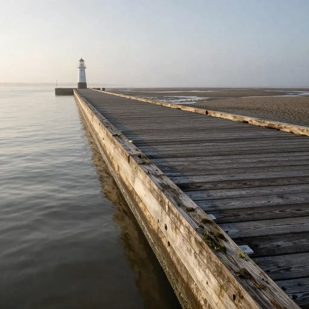 Noord-Holland Noord met houten havenkade, water en een verre vuurtoren in zachte mist