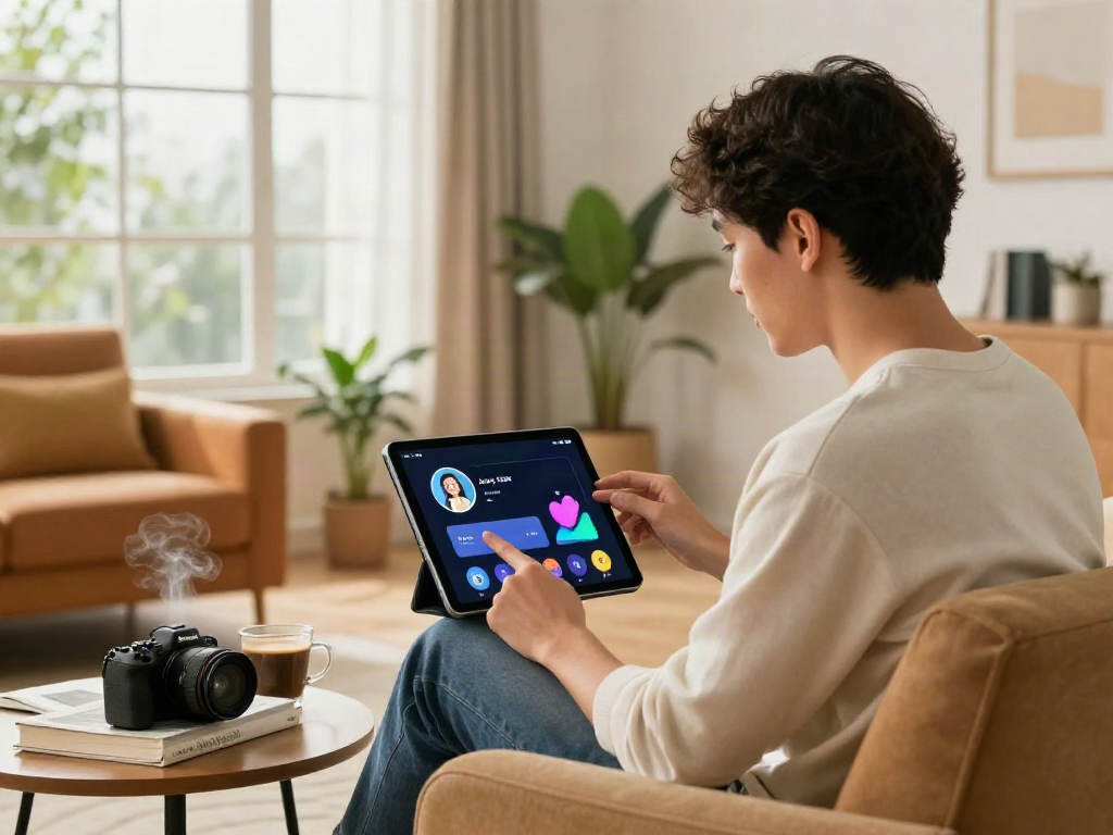 Engaging interaction with Juicy Chat AI on a tablet in a cozy modern living room.