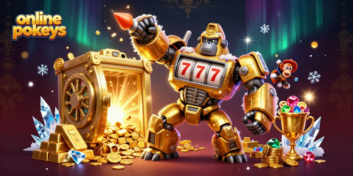 Experience thrilling online pokies with a dynamic gorilla mech amid treasures and gems.