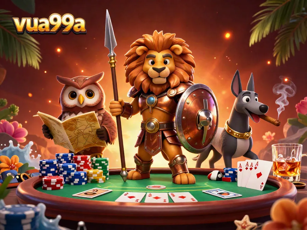 Engage with vibrant slots gameplay featuring vua99a, a bold lion, an owl strategist, and a swift greyhound amid exciting poker action.