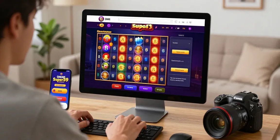 Pengguna menikmati permainan slot di rumah dengan Super59 link alternatif di layar komputer.