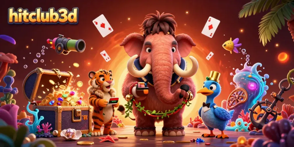 Hitclub3d welcomes players with a bouncer and a saber-toothed tiger guest at a vibrant casino scene.