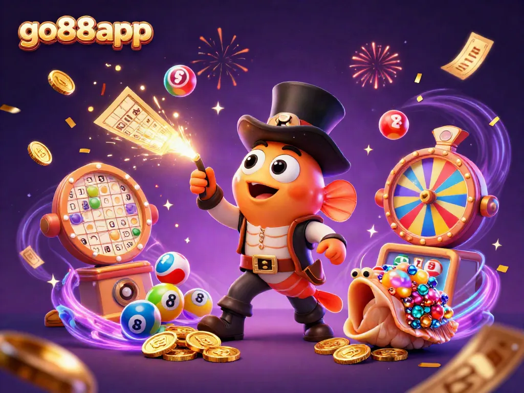 Experience the vibrant world of go88app with an anglerfish, shrimp, and sea snail amidst a colorful prize-filled scene.